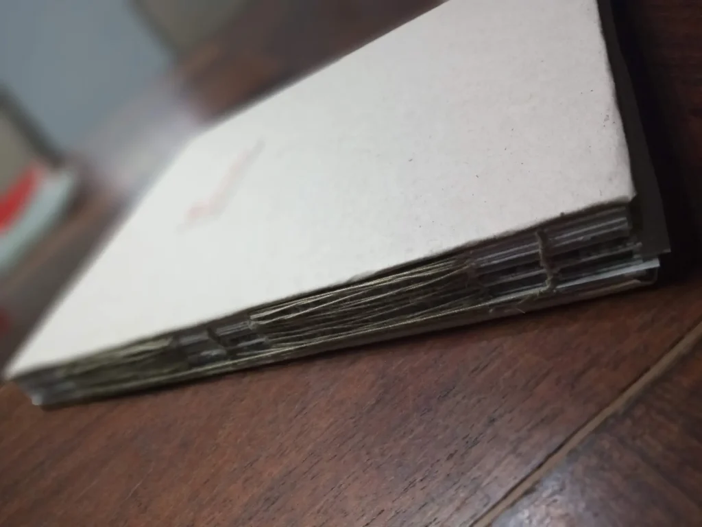 libro encuadernado artesanalmente cuyo nombre se ve desenfocado