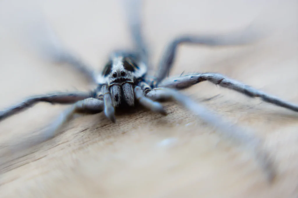 araña lobo donde se observan sus manchas arriba de la cabeza, sus pinzas, sus patas y sus ojos